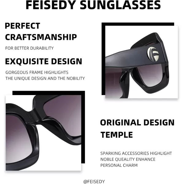 FEISEDY Retro Trendy Square Sunglasses for Women Oversized Stylish Inspired Shades Vintage Desinger Sunglasses B2276002 Black FrameGrey Lens