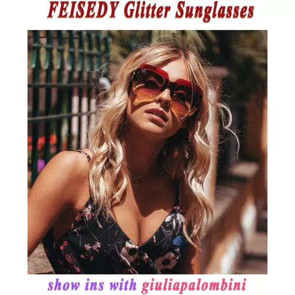 FEISEDY Retro Trendy Square Sunglasses for Women Oversized Stylish Inspired Shades Vintage Desinger Sunglasses B2276003 Pinkyellow FrameRedgrey Lens