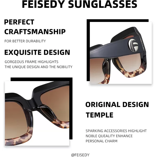 FEISEDY Retro Trendy Square Sunglasses for Women Oversized Stylish Inspired Shades Vintage Desinger Sunglasses B2276004 Blackleopard FrameBrown Lens