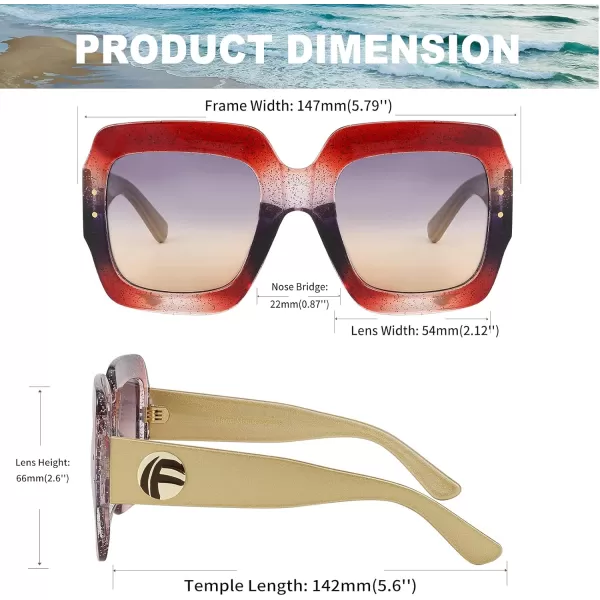 FEISEDY Retro Trendy Square Sunglasses for Women Oversized Stylish Inspired Shades Vintage Desinger Sunglasses B2276005 Glitterred FrameCoffeebrown Lens