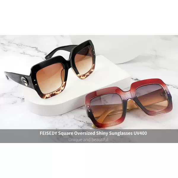 FEISEDY Retro Trendy Square Sunglasses for Women Oversized Stylish Inspired Shades Vintage Desinger Sunglasses B2276005 Glitterred FrameCoffeebrown Lens