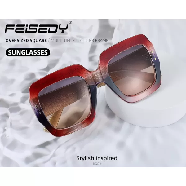 FEISEDY Retro Trendy Square Sunglasses for Women Oversized Stylish Inspired Shades Vintage Desinger Sunglasses B2276005 Glitterred FrameCoffeebrown Lens