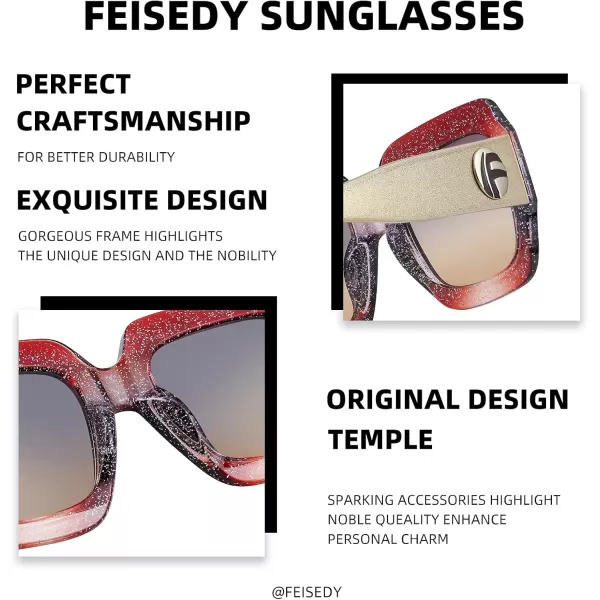 FEISEDY Retro Trendy Square Sunglasses for Women Oversized Stylish Inspired Shades Vintage Desinger Sunglasses B2276005 Glitterred FrameCoffeebrown Lens