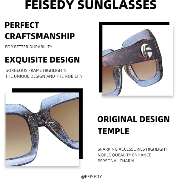 FEISEDY Retro Trendy Square Sunglasses for Women Oversized Stylish Inspired Shades Vintage Desinger Sunglasses B2276006 Blueleopard FrameBrown Lens