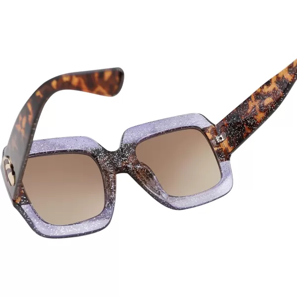 FEISEDY Retro Trendy Square Sunglasses for Women Oversized Stylish Inspired Shades Vintage Desinger Sunglasses B2276007 Glitter Purpleleopard FrameBrwon Lens