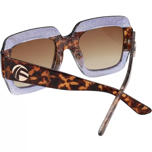 FEISEDY Retro Trendy Square Sunglasses for Women Oversized Stylish Inspired Shades Vintage Desinger Sunglasses B2276007 Glitter Purpleleopard FrameBrwon Lens