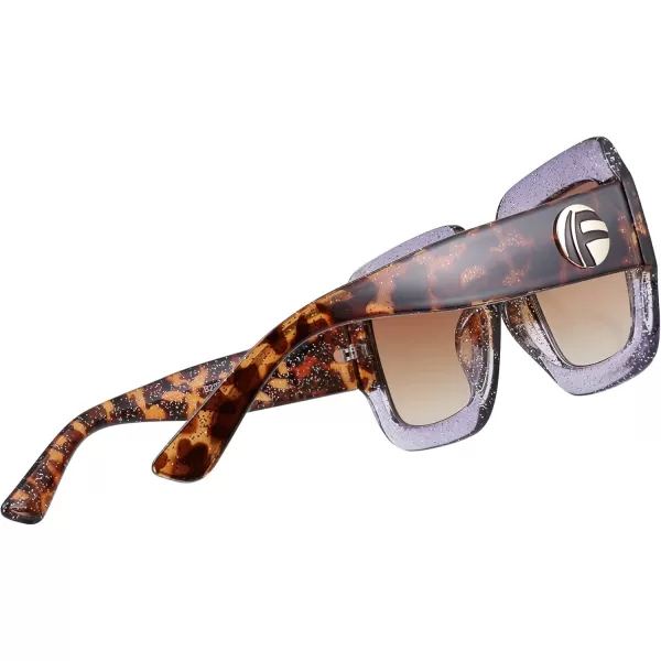 FEISEDY Retro Trendy Square Sunglasses for Women Oversized Stylish Inspired Shades Vintage Desinger Sunglasses B2276007 Glitter Purpleleopard FrameBrwon Lens