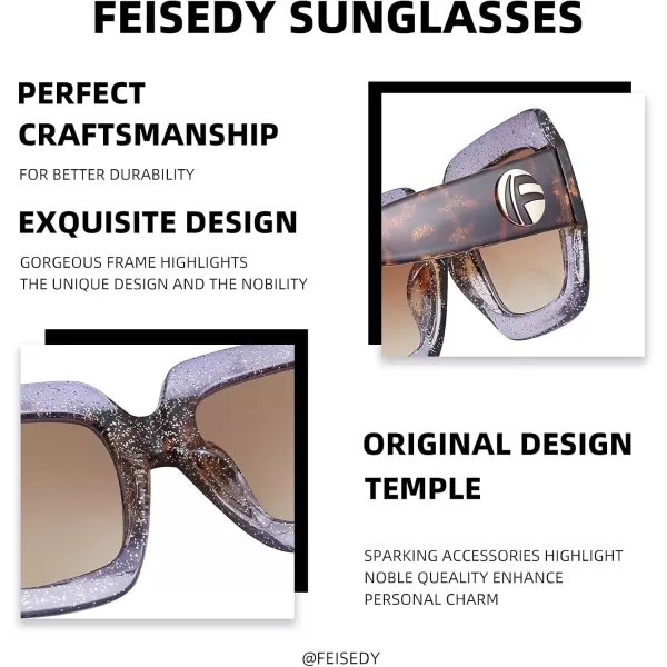 FEISEDY Retro Trendy Square Sunglasses for Women Oversized Stylish Inspired Shades Vintage Desinger Sunglasses B2276007 Glitter Purpleleopard FrameBrwon Lens