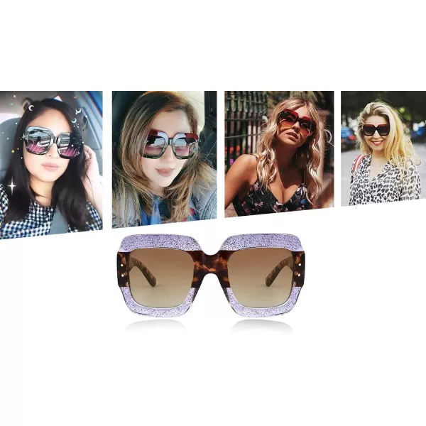 FEISEDY Retro Trendy Square Sunglasses for Women Oversized Stylish Inspired Shades Vintage Desinger Sunglasses B2276007 Glitter Purpleleopard FrameBrwon Lens
