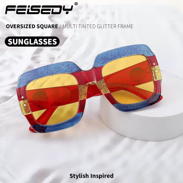 FEISEDY Retro Trendy Square Sunglasses for Women Oversized Stylish Inspired Shades Vintage Desinger Sunglasses B2276008 Brilliant Blue FrameYellow Lens