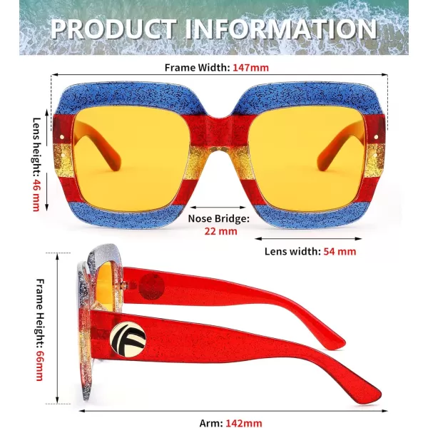 FEISEDY Retro Trendy Square Sunglasses for Women Oversized Stylish Inspired Shades Vintage Desinger Sunglasses B2276008 Brilliant Blue FrameYellow Lens