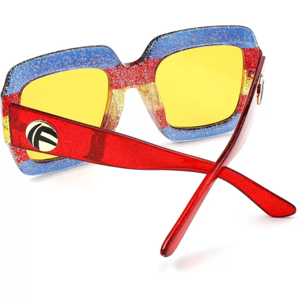 FEISEDY Retro Trendy Square Sunglasses for Women Oversized Stylish Inspired Shades Vintage Desinger Sunglasses B2276008 Brilliant Blue FrameYellow Lens