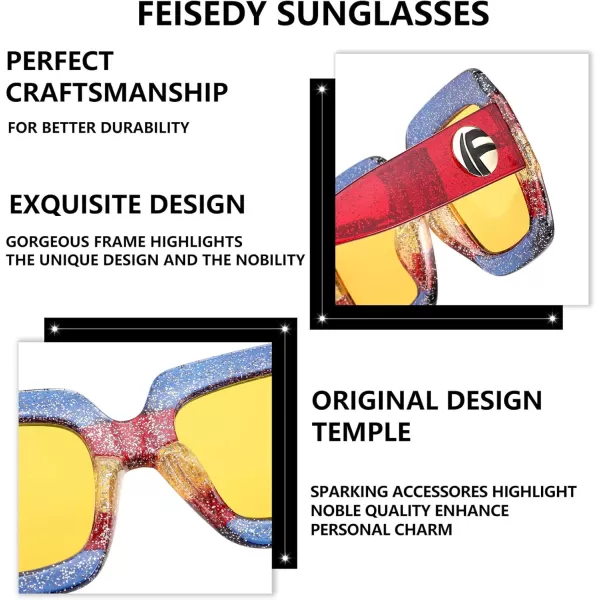 FEISEDY Retro Trendy Square Sunglasses for Women Oversized Stylish Inspired Shades Vintage Desinger Sunglasses B2276008 Brilliant Blue FrameYellow Lens