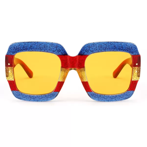 FEISEDY Retro Trendy Square Sunglasses for Women Oversized Stylish Inspired Shades Vintage Desinger Sunglasses B2276008 Brilliant Blue FrameYellow Lens