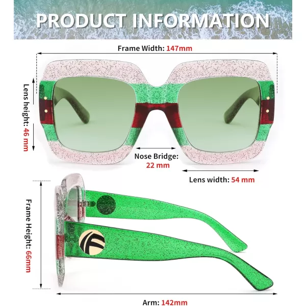 FEISEDY Retro Trendy Square Sunglasses for Women Oversized Stylish Inspired Shades Vintage Desinger Sunglasses B2276009 Bright Pink FrameGreen Lens