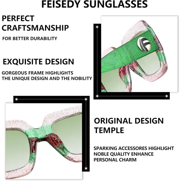 FEISEDY Retro Trendy Square Sunglasses for Women Oversized Stylish Inspired Shades Vintage Desinger Sunglasses B2276009 Bright Pink FrameGreen Lens