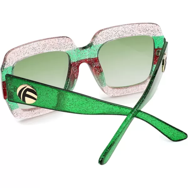 FEISEDY Retro Trendy Square Sunglasses for Women Oversized Stylish Inspired Shades Vintage Desinger Sunglasses B2276009 Bright Pink FrameGreen Lens