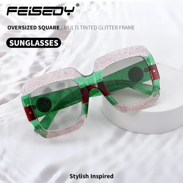 FEISEDY Retro Trendy Square Sunglasses for Women Oversized Stylish Inspired Shades Vintage Desinger Sunglasses B2276009 Bright Pink FrameGreen Lens