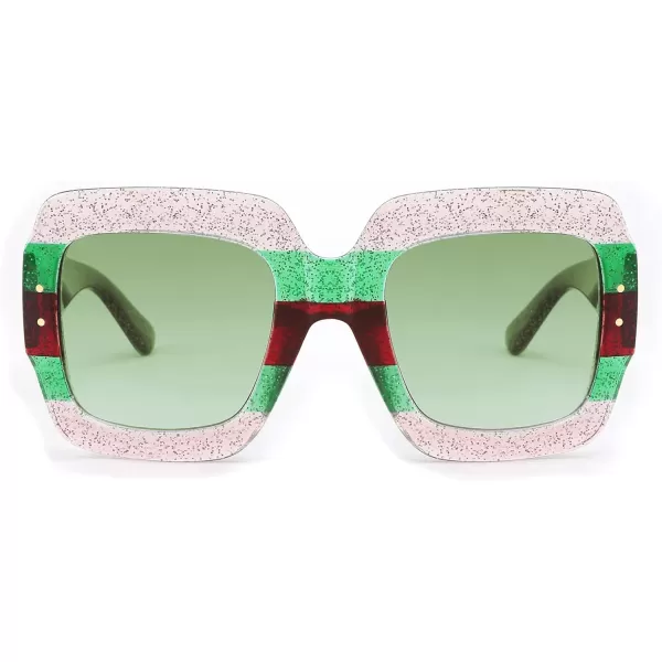 FEISEDY Retro Trendy Square Sunglasses for Women Oversized Stylish Inspired Shades Vintage Desinger Sunglasses B2276009 Bright Pink FrameGreen Lens