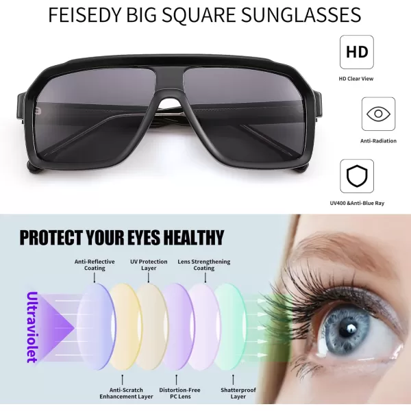 FEISEDY Sunglasses Men Square Aviator Frame UV400 Sun Glasses Driving Running Fishing Golf Hiking B0059Black Frame  Gray Lens