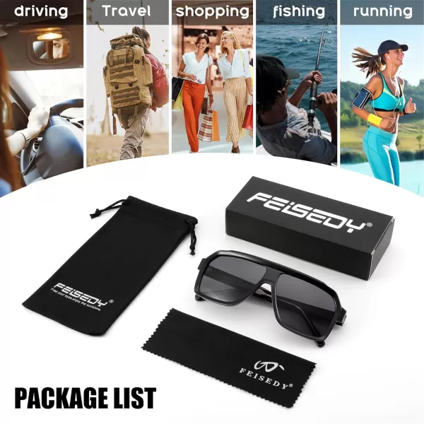 FEISEDY Sunglasses Men Square Aviator Frame UV400 Sun Glasses Driving Running Fishing Golf Hiking B0059Black Frame  Gray Lens