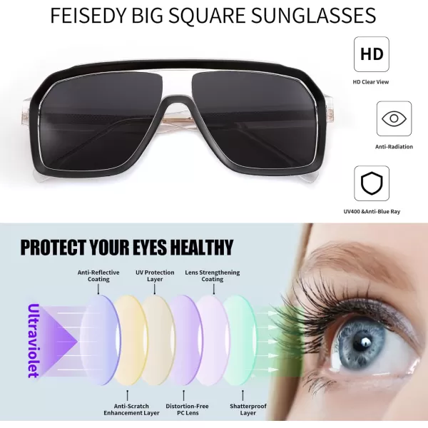 FEISEDY Sunglasses Men Square Aviator Frame UV400 Sun Glasses Driving Running Fishing Golf Hiking B0059Transparent Black Frame  Gray Lenses