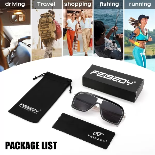 FEISEDY Sunglasses Men Square Aviator Frame UV400 Sun Glasses Driving Running Fishing Golf Hiking B0059Transparent Black Frame  Gray Lenses