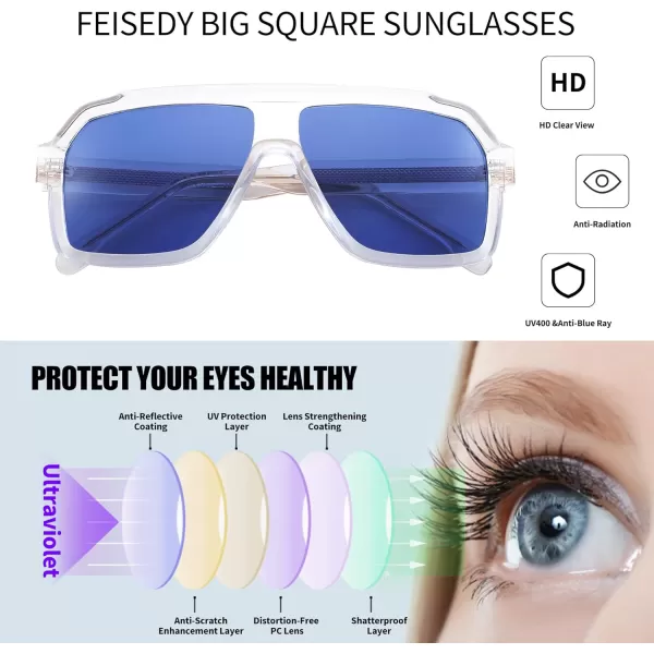 FEISEDY Sunglasses Men Square Aviator Frame UV400 Sun Glasses Driving Running Fishing Golf Hiking B0059Transparent Frame  Blue Lens