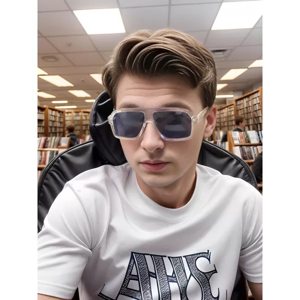 FEISEDY Sunglasses Men Square Aviator Frame UV400 Sun Glasses Driving Running Fishing Golf Hiking B0059Transparent Frame  Blue Lens