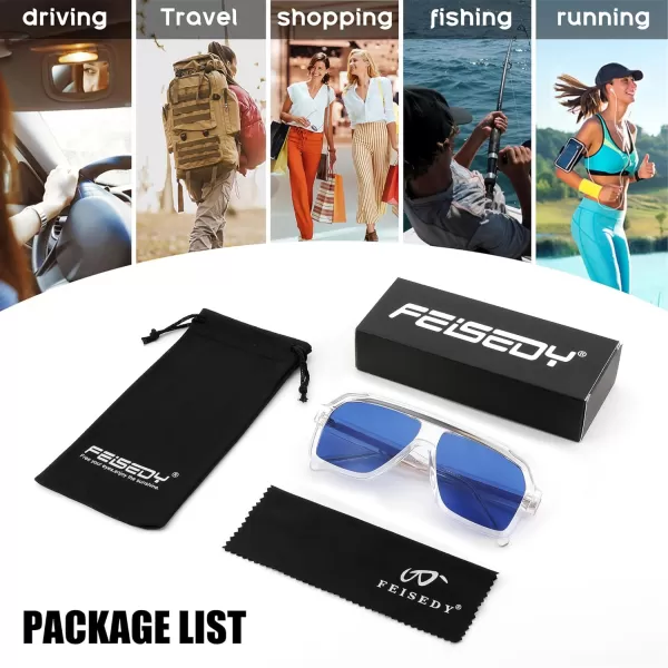 FEISEDY Sunglasses Men Square Aviator Frame UV400 Sun Glasses Driving Running Fishing Golf Hiking B0059Transparent Frame  Blue Lens