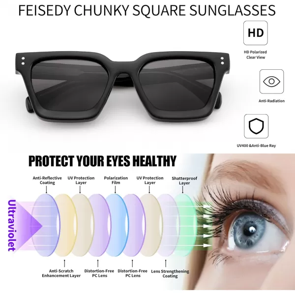 FEISEDY Sunglasses Men Women Polarized Chunky Square Thick Frame Rectangle UV400 Shade Sun Glasses B2396001 Black Frame  Polarized Gray Lenses
