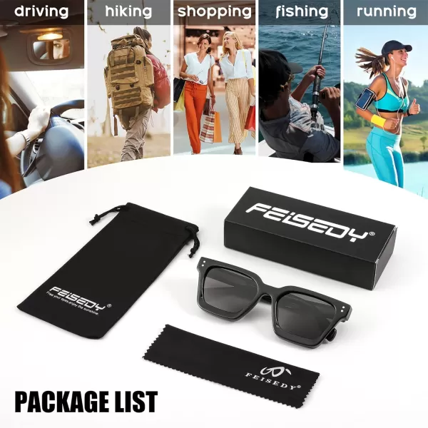 FEISEDY Sunglasses Men Women Polarized Chunky Square Thick Frame Rectangle UV400 Shade Sun Glasses B2396001 Black Frame  Polarized Gray Lenses
