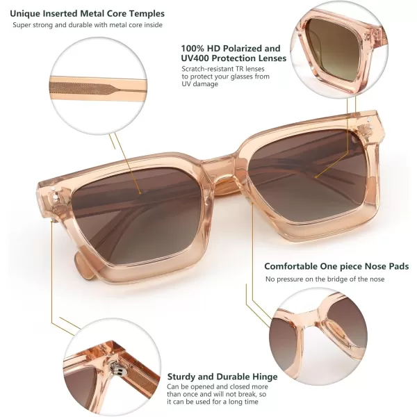 FEISEDY Sunglasses Men Women Polarized Chunky Square Thick Frame Rectangle UV400 Shade Sun Glasses B2396002 Clear Champagne Frame  Polarized Tea Lenses