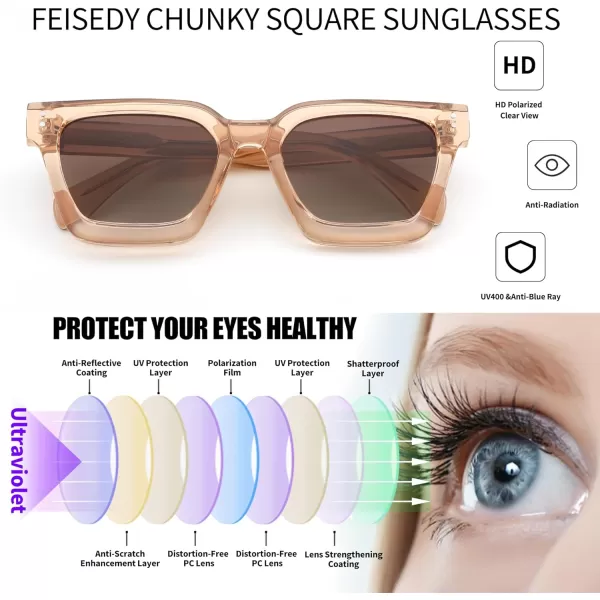 FEISEDY Sunglasses Men Women Polarized Chunky Square Thick Frame Rectangle UV400 Shade Sun Glasses B2396002 Clear Champagne Frame  Polarized Tea Lenses