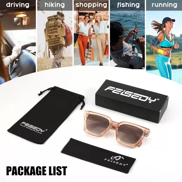 FEISEDY Sunglasses Men Women Polarized Chunky Square Thick Frame Rectangle UV400 Shade Sun Glasses B2396002 Clear Champagne Frame  Polarized Tea Lenses