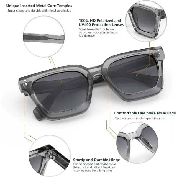 FEISEDY Sunglasses Men Women Polarized Chunky Square Thick Frame Rectangle UV400 Shade Sun Glasses B2396003 Transparent Gray Frame  Polarized Gray Lenses