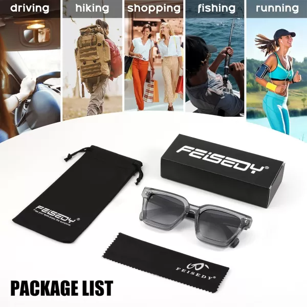 FEISEDY Sunglasses Men Women Polarized Chunky Square Thick Frame Rectangle UV400 Shade Sun Glasses B2396003 Transparent Gray Frame  Polarized Gray Lenses