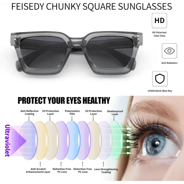 FEISEDY Sunglasses Men Women Polarized Chunky Square Thick Frame Rectangle UV400 Shade Sun Glasses B2396003 Transparent Gray Frame  Polarized Gray Lenses