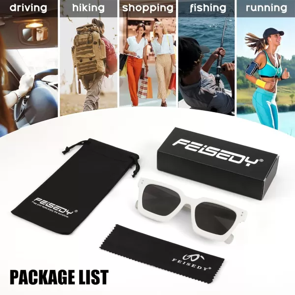 FEISEDY Sunglasses Men Women Polarized Chunky Square Thick Frame Rectangle UV400 Shade Sun Glasses B2396004 White Frame  Polarized Gray Lenses