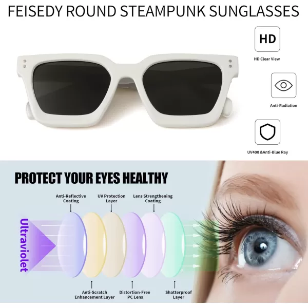 FEISEDY Sunglasses Men Women Polarized Chunky Square Thick Frame Rectangle UV400 Shade Sun Glasses B2396004 White Frame  Polarized Gray Lenses
