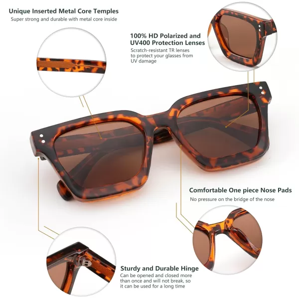 FEISEDY Sunglasses Men Women Polarized Chunky Square Thick Frame Rectangle UV400 Shade Sun Glasses B2396006 Leopard Frames  Polarized Tea Lenses