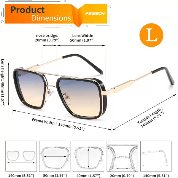 FEISEDY Sunglasses Men Women Vintage Aviator Square Trendy Metal Steampunk Fishing Driving Sun Glasses B0114Blue Yellow Lenses With Gold Temples 004