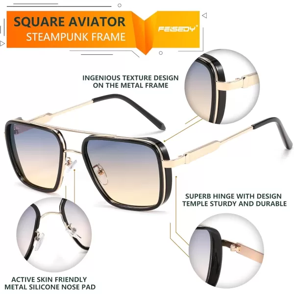 FEISEDY Sunglasses Men Women Vintage Aviator Square Trendy Metal Steampunk Fishing Driving Sun Glasses B0114Blue Yellow Lenses With Gold Temples 004