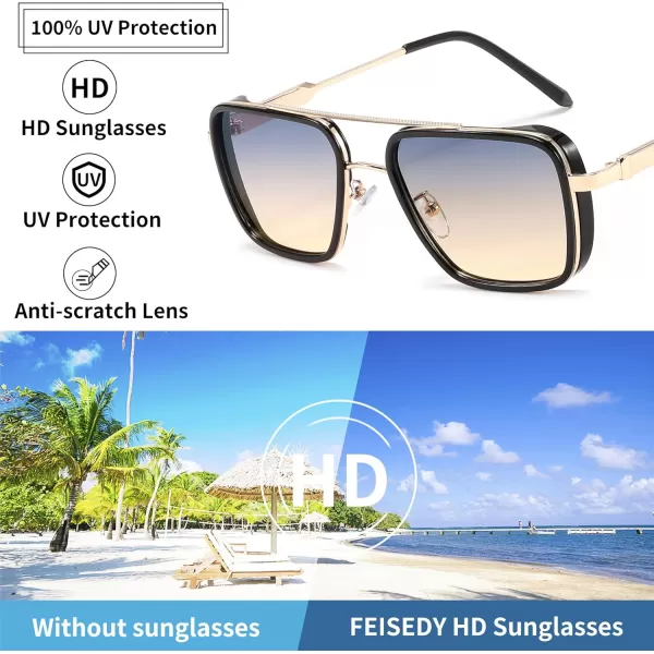 FEISEDY Sunglasses Men Women Vintage Aviator Square Trendy Metal Steampunk Fishing Driving Sun Glasses B0114Blue Yellow Lenses With Gold Temples 004