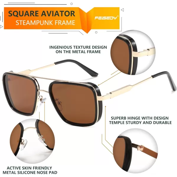 FEISEDY Sunglasses Men Women Vintage Aviator Square Trendy Metal Steampunk Fishing Driving Sun Glasses B0114Ea Lenses With Gold Temples 002