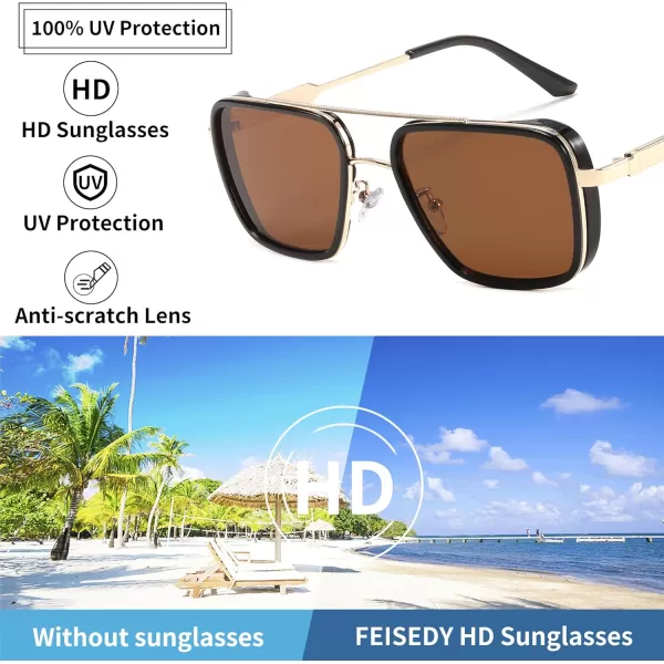 FEISEDY Sunglasses Men Women Vintage Aviator Square Trendy Metal Steampunk Fishing Driving Sun Glasses B0114Ea Lenses With Gold Temples 002