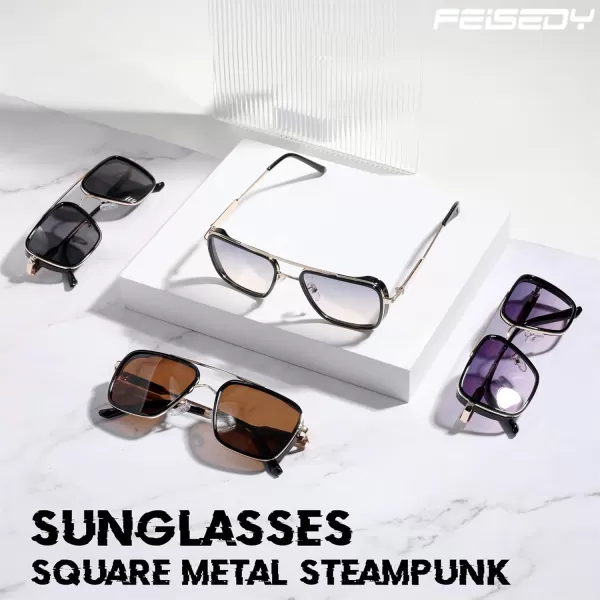 FEISEDY Sunglasses Men Women Vintage Aviator Square Trendy Metal Steampunk Fishing Driving Sun Glasses B0114Ea Lenses With Gold Temples 002
