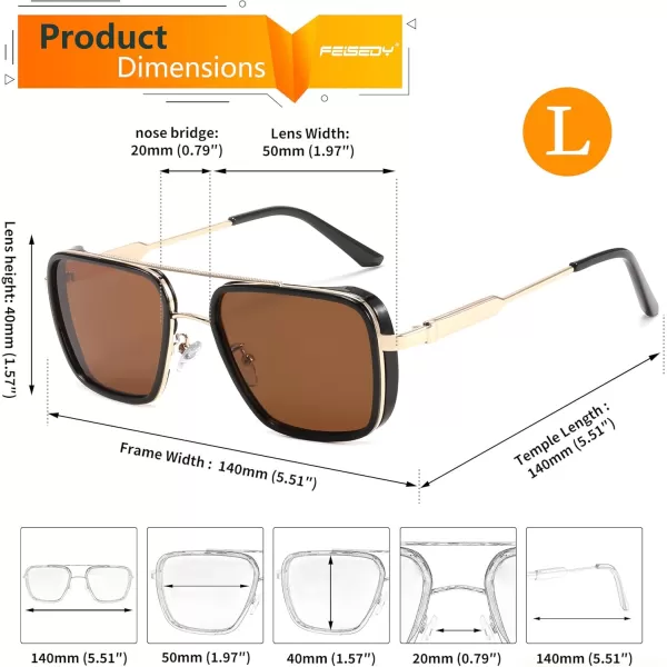 FEISEDY Sunglasses Men Women Vintage Aviator Square Trendy Metal Steampunk Fishing Driving Sun Glasses B0114Ea Lenses With Gold Temples 002