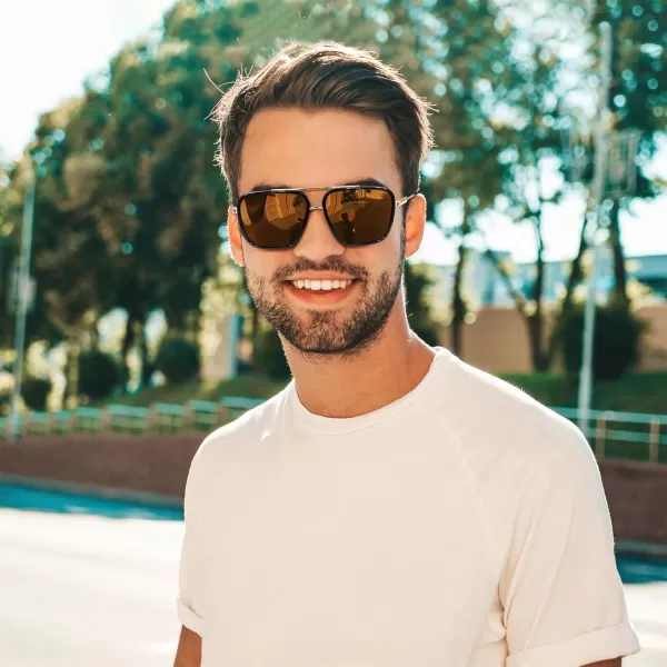 FEISEDY Sunglasses Men Women Vintage Aviator Square Trendy Metal Steampunk Fishing Driving Sun Glasses B0114Ea Lenses With Gold Temples 002