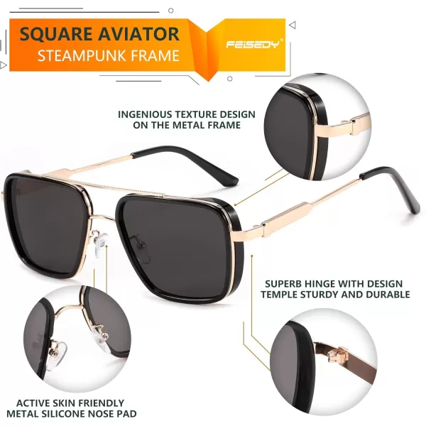 FEISEDY Sunglasses Men Women Vintage Aviator Square Trendy Metal Steampunk Fishing Driving Sun Glasses B0114Gray Lenses With Gold Temples 001